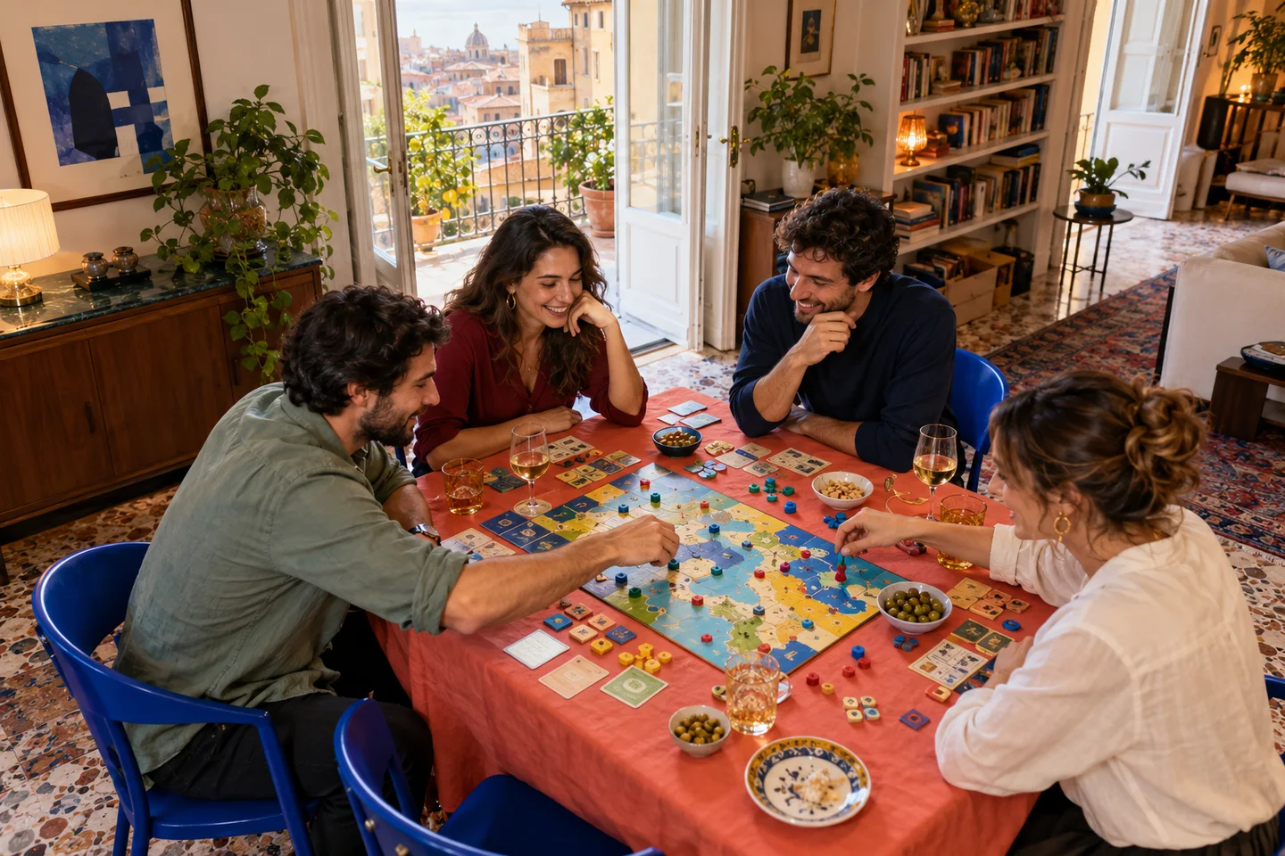 Quattro amici adulti giocano insieme in una casa italiana
